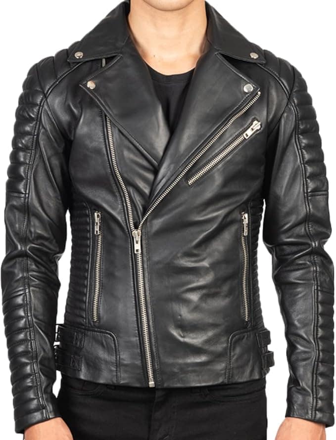 USTRADEENT Store Genuine Leather Biker Jacket 