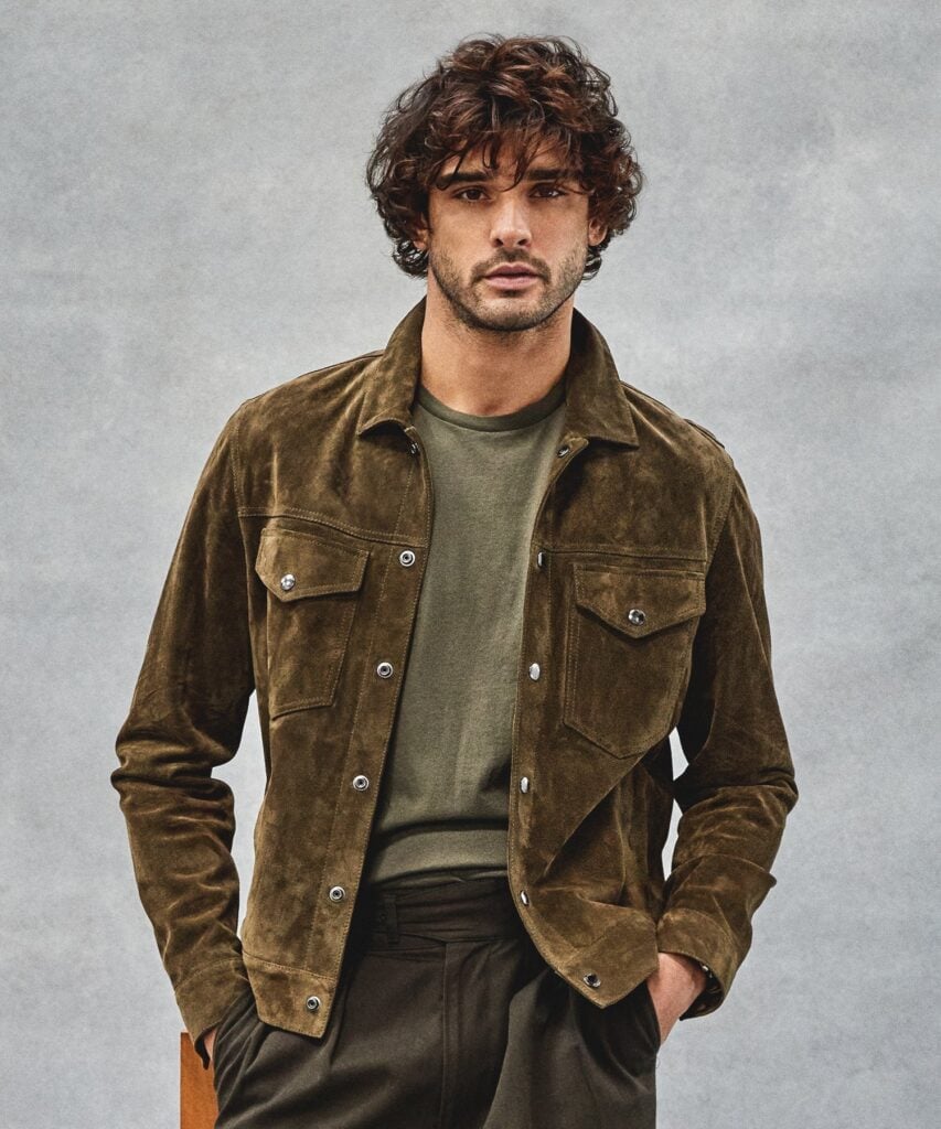 Todd Snyder Italian Suede Snap Dylan Jacket in Olive