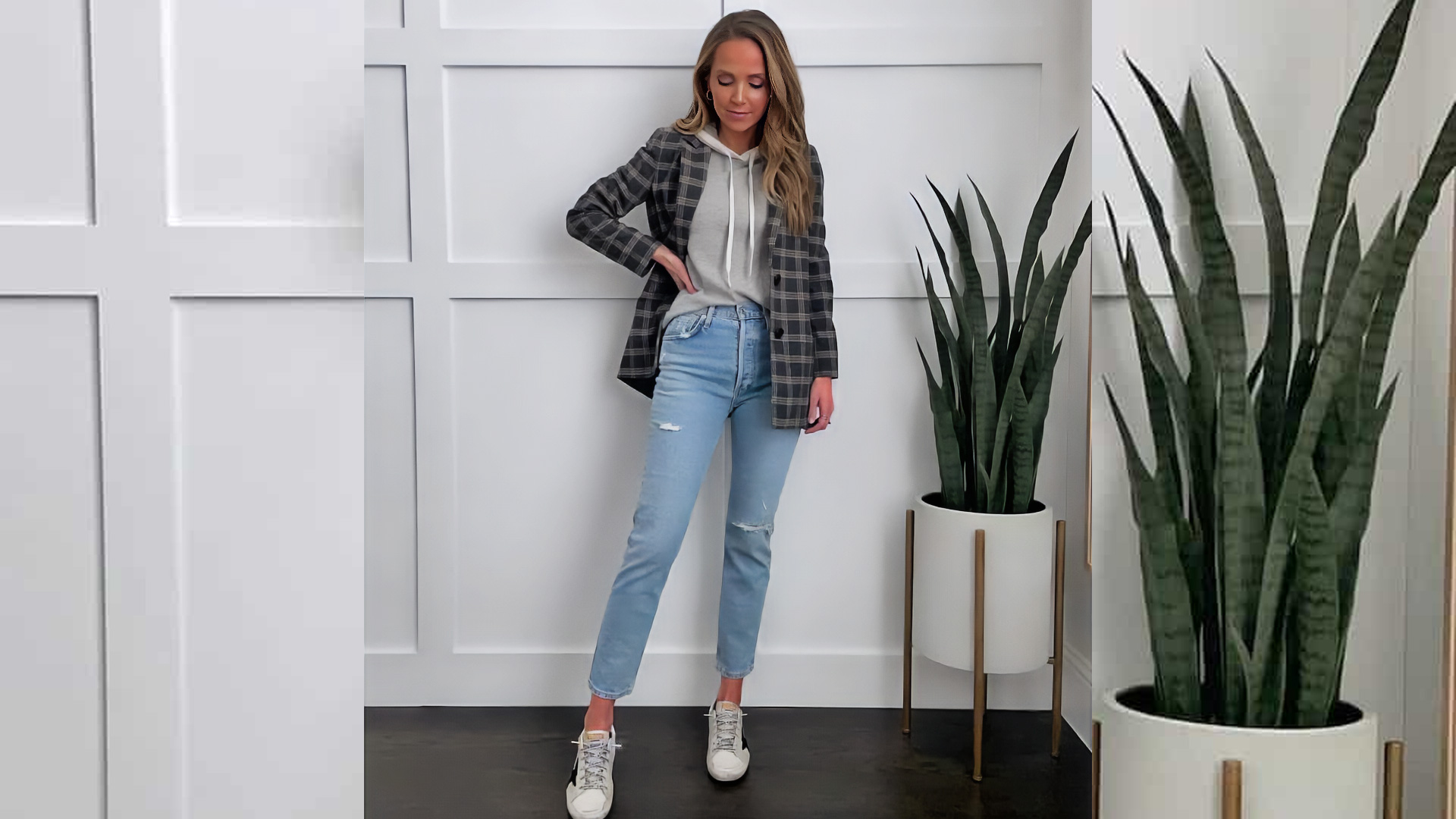 Pattern-filled Blazer and Boyfriend Jeans