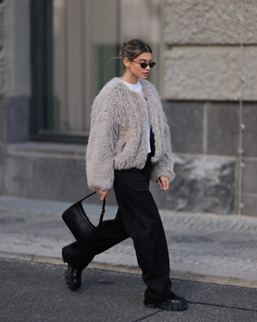 Straight Leg Jeans + T-Shirt + Fluffy Jacket